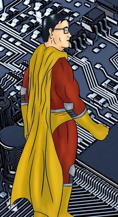 VikiD in his yellow cape standing before a giant circuit board