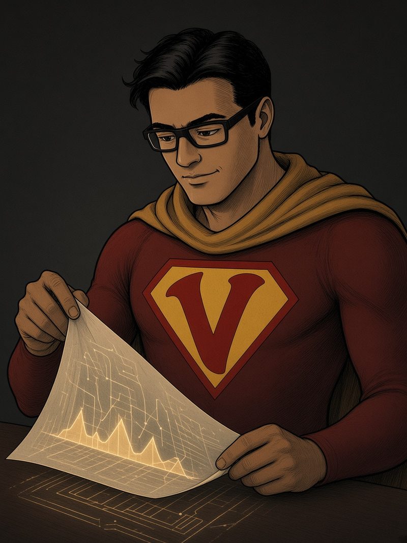 VikiD, the red V shield on his chest, lifting a glowing sheet of hype charts to reveal plain circuitry beneath