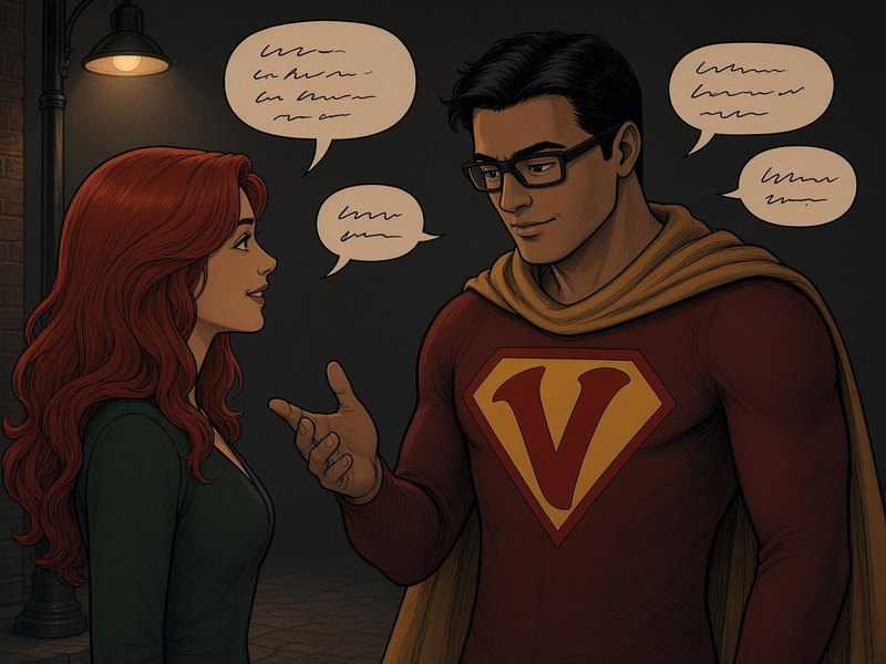 VikiD, wearing his V shield, chatting in several languages with a red-haired heroine