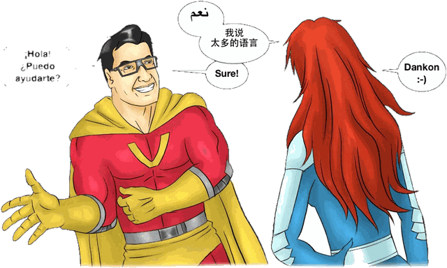 VikiD chatting in several languages with a red-haired heroine