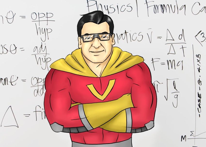 VikiD, arms folded, in front of a whiteboard full of equations
