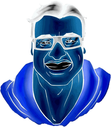 Neon-blue VikiD caricature, glowing like an X-ray: looking through everything