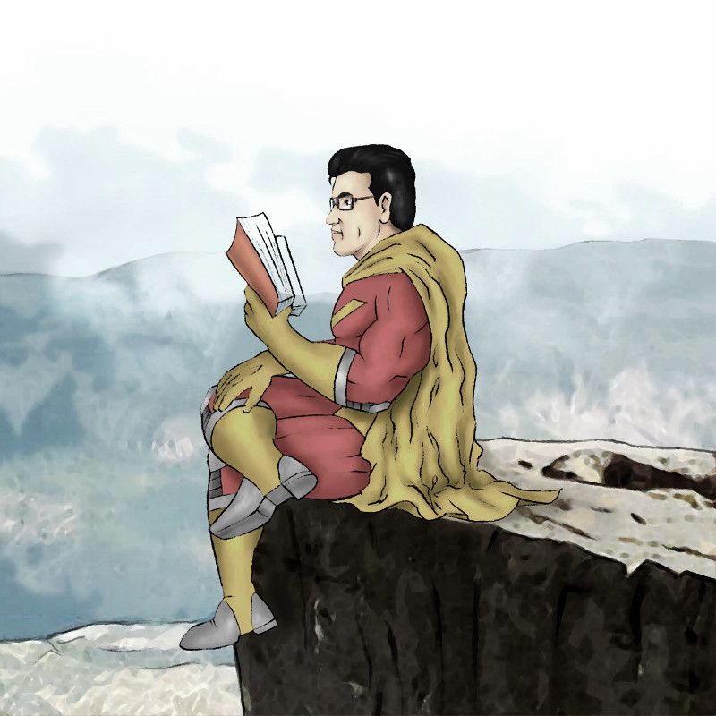 VikiD reading on a clifftop above a misty valley