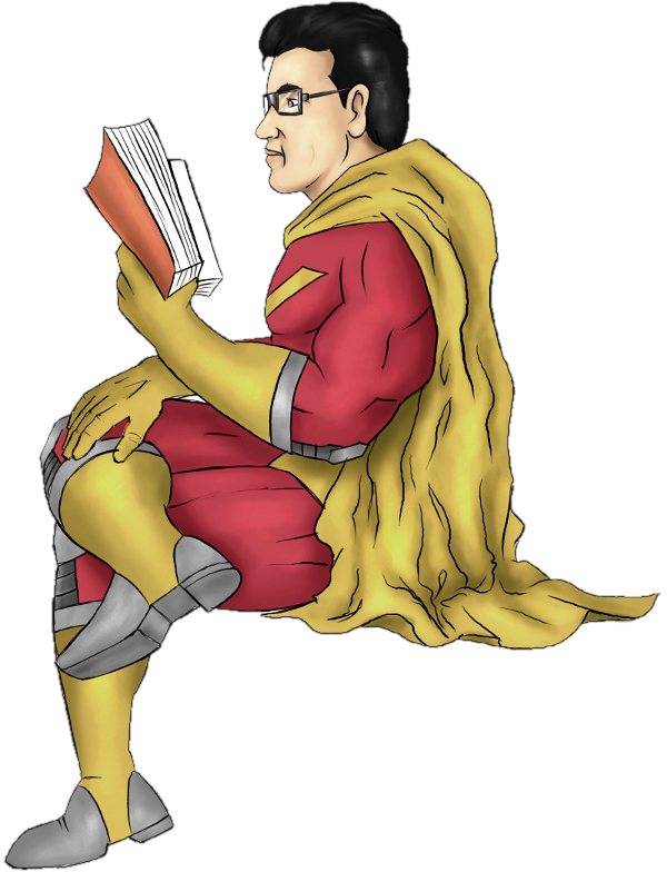 VikiD in his red suit and yellow cape, floating cross-legged with an open book