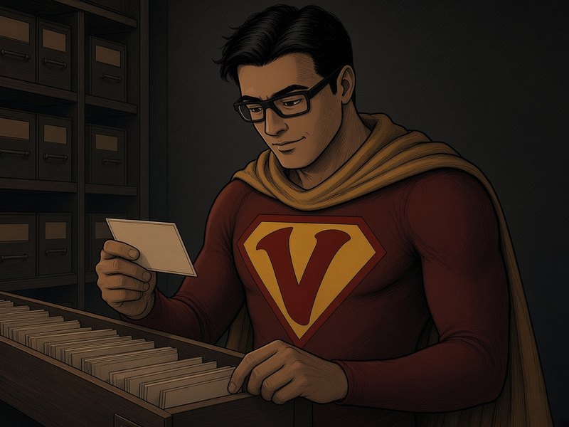 VikiD sorting index cards in a card-catalogue drawer
