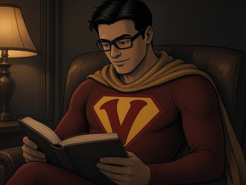 VikiD, the red V shield on his chest, seated in a leather armchair reading a book by lamplight