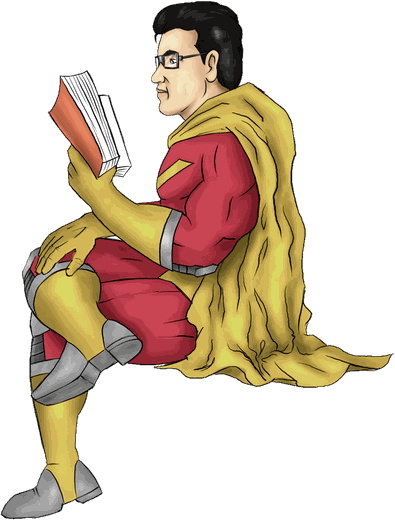 VikiD in his red suit and yellow cape, floating cross-legged while reading a book