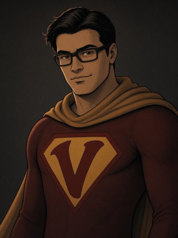 Portrait of The VikiD Truth: a calm superhero with black hair and thick black glasses, a red suit with a large red V shield on the chest and a mustard-yellow cape