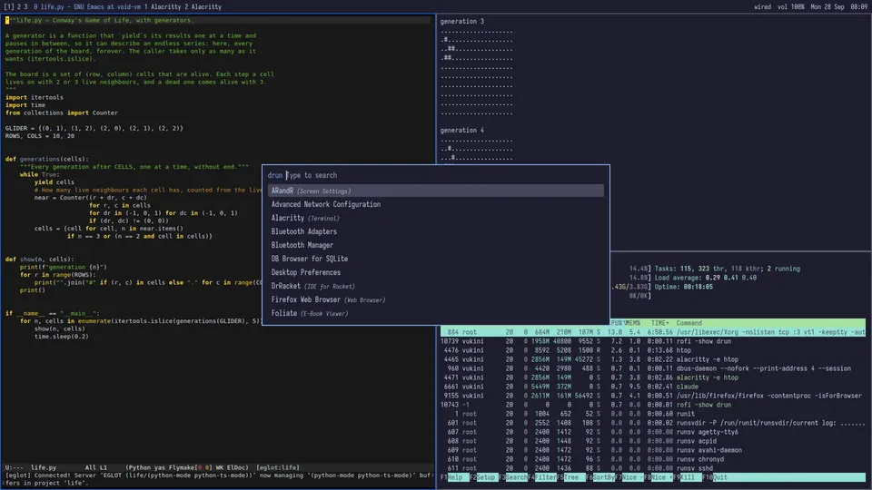 Super+d starts anything Super+d: the launcher. Type a few letters of a program’s name, then Return
