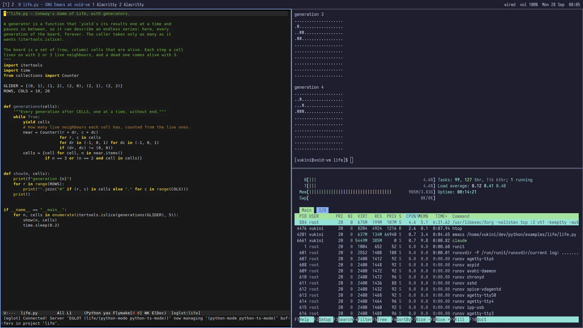 A real Vikix desktop. Screenshot from the vikix.dev gallery. A real Vikix desktop in the dark theme: an editor, a running program and a system monitor arranged side by side under the StumpWM bar
